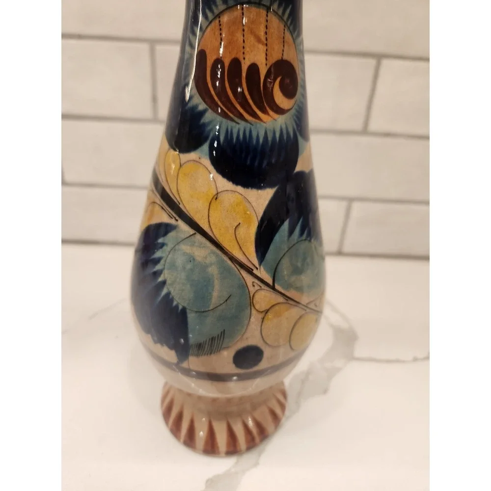 Vtg. Tonala Pottery Vase Hand Painted Mexican Folk Art Flowers Signed 15
